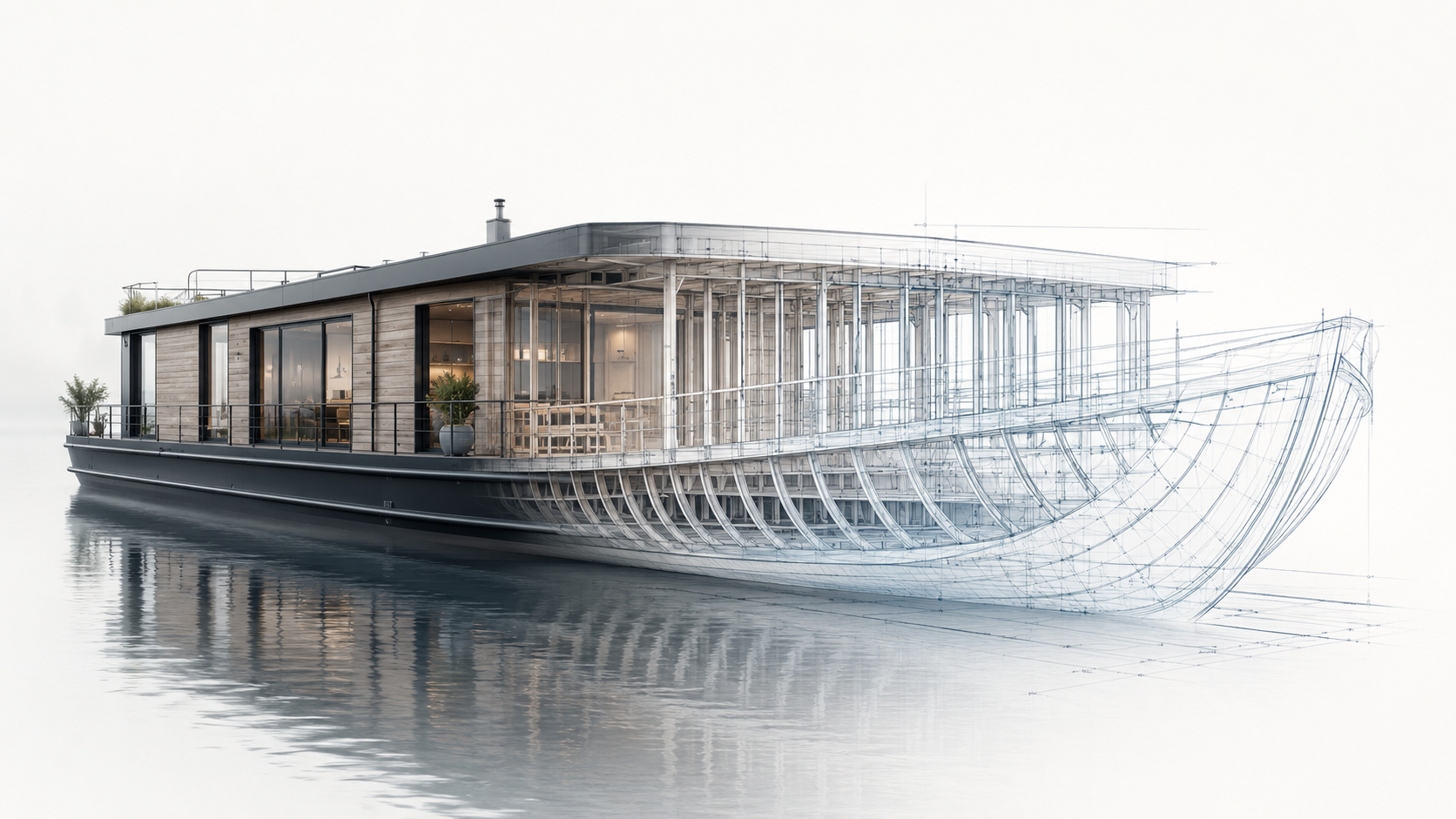 Render van een nieuwbouw woonschip met half uitgewerkte ontwerptekening van de romp